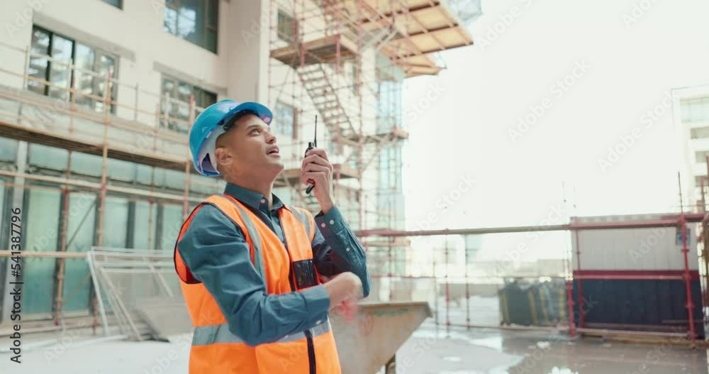 Poster construction worker, radio communication and building contractor with team leadership for skyscraper