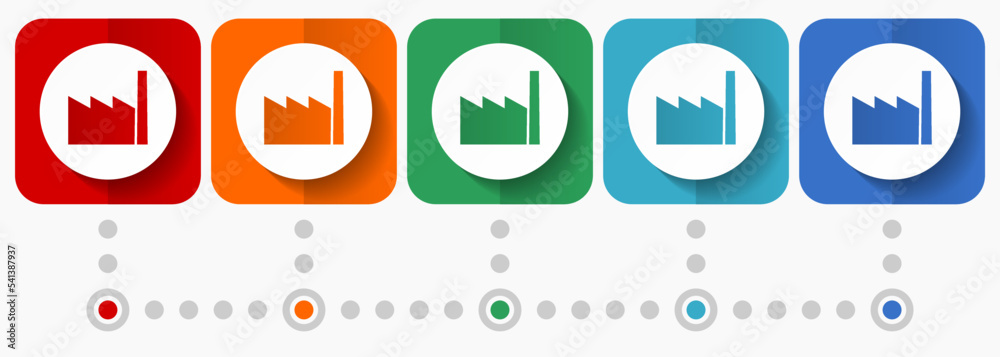 Poster factory vector icons, infographic template, set of flat design symbols in 5 color options