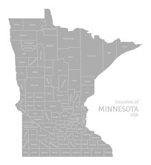 Highly detailed gray map of Minnesota, US state. Editable administrative map of Minnesota with territory borders and counties names labeled realistic vector illustration