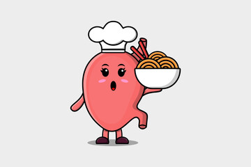 Cute cartoon Stomach chef character holding noodles in bowl flat cartoon style illustration