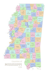 Counties of Mississippi, administrative map of USA federal state. Highly detailed color map of American region with territory borders and counties names labeled realistic vector illustration