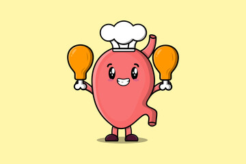 Cute cartoon Stomach chef character holding two chicken thighs in flat cartoon style illustration