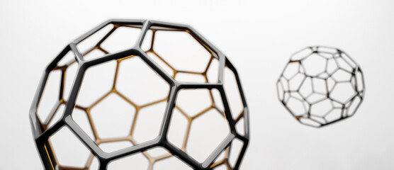 Obraz premium Buckminsterfullerene C60 Molecule model, allotrope of fullerene carbon atoms, round sphere with hexagonal rings or mesh, molecular 3D illustration on white background