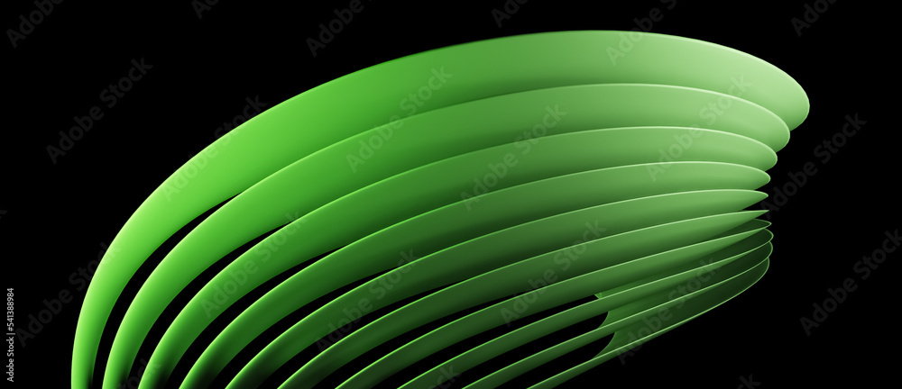 Wall mural green abstract modern 3d object with many overlapping layers and flowing curves, lines or shapes on 