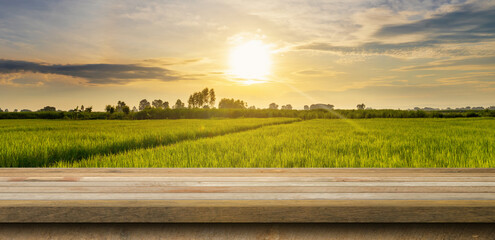 Wood table and rice field and sunrise blue sky with lens flare, display montage for product.