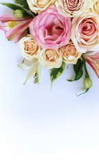 Delicate bouquet with pink and cream roses on a white background. Delicate floral arrangement. Background for a greeting card.