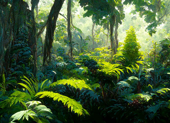 Jungle scenery with beautiful trees and plants, natural green environment with amazing nature