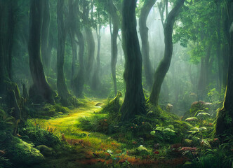 Fototapeta premium Jungle scenery with beautiful trees and plants, natural green environment with amazing nature