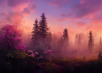 Fototapeten farbenfrohe Sonnenuntergangswaldlandschaft mit schönen Bäumen und Pflanzen, natürliche grüne Umgebung mit erstaunlicher Natur © Musashi_Collection