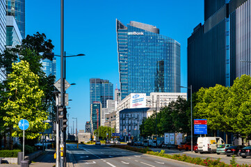 Panoramic view of modern architecture and skyscrapers of Srodmiescie downtown and Wola business district of Warsaw city center in Poland