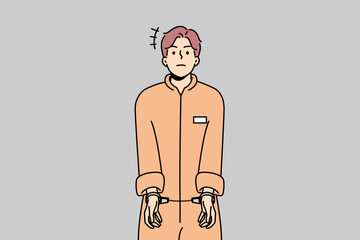 Male prisoner in robe wearing handcuffs. Unhappy man convict in uniform imprisoned. Imprisonment and jail concept. Vector illustration.  - obrazy, fototapety, plakaty
