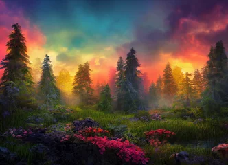 colorful sunset forest scenery with beautiful trees and plants, natural green environment with amazing nature © Musashi_Collection