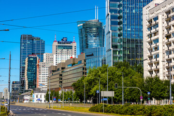 Panoramic view of modern redevelopment architecture within Wola business district of Warsaw city center in Poland