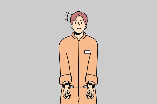 Male prisoner in robe wearing handcuffs. Unhappy man convict in uniform imprisoned. Imprisonment and jail concept. Vector illustration. 