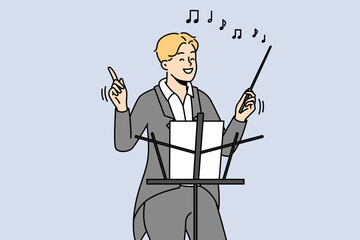 Smiling male conductor in formalwear hold baton working in concert hall. Happy man musician or artist with stick conduct performance. Vector illustration.  - obrazy, fototapety, plakaty