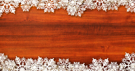 Snow and wood. Winter decoration with copy space for additional content.