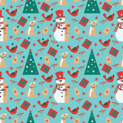seamless pattern with snowman, dog, New Year bird, gifts and mittens on blue background. Vector illustration in cartoon style. Hand drawing. Isolate. For print, web design.