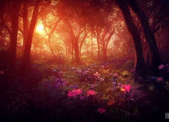 Deurstickers colorful sunset forest scenery with beautiful trees and plants, natural green environment with amazing nature © Musashi_Collection