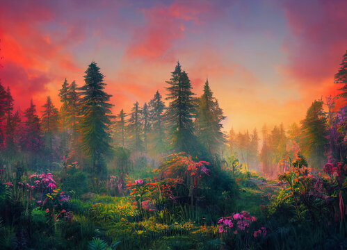 colorful sunset forest scenery with beautiful trees and plants, natural green environment with amazing nature