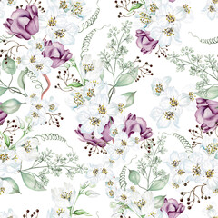 Flower cherry  blossom, tulips and leaves. Floral seamless pattern.