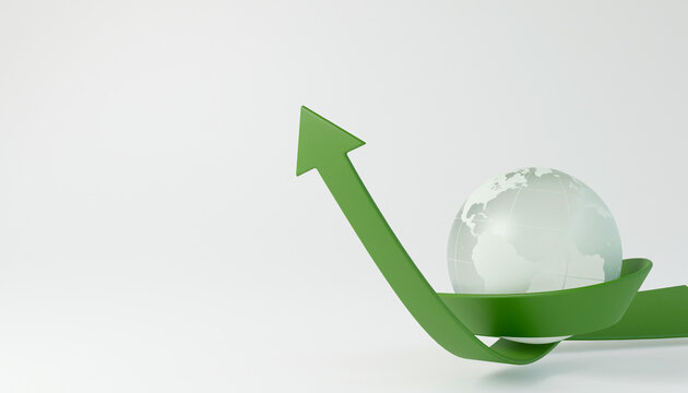 Concept Of Growth Business Sustainability Or Sustainable Eco Green Glass Earth Global And Green Arrow On White Background. 3d Illustration Render