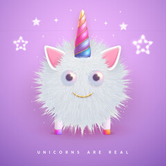 3D realistic  fluffy unicorn with rainbow horn isolated on violet background. Vector illustration