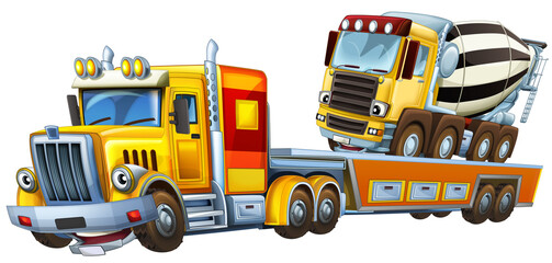 cartoon tow truck driving with car concrete mixer