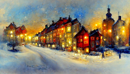 Winter city with houses in snow decorated for Christmas. Digital art and Concept digital illustration.