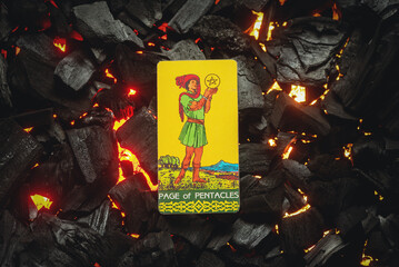 Page of pentacles Tarot card. Moscow, Russia MAY 15, 2022