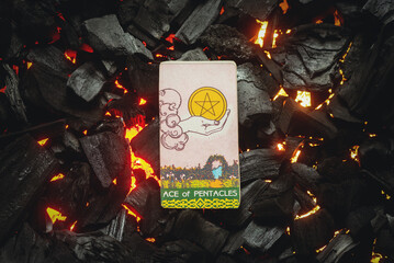 Ace of pentacles Tarot card. Moscow, Russia MAY 15, 2022
