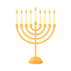 Hanukkah menorah isolated. Traditional Judaic Hanukah symbol. Jewish candle holder with nine candles on white background. Flat vector illustration