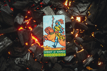 Knight of wands Tarot card. Moscow, Russia MAY 15, 2022