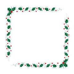 Christmas rectangular frame with holly leaves, border of Christmas thorns with branches and berries