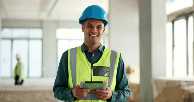 Architect, building engineering or construction worker with tablet real estate ideas, property vision or office building internet design. Portrait, smile or happy builder with architecture technology