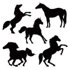 Flat design collection of horse silhouette.  contour set. Stallions and mares stand, rearing up, gallop