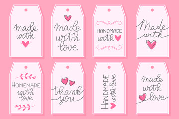 Made with love, thank you hand drawn labels. Lettering with heart symbol.