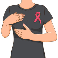 Breast cancer awareness month. Woman wearing pink ribbon and covering her breast. Support or proud survivor concept