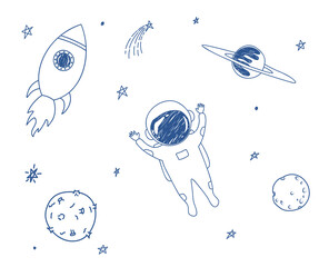 Hand drawn blue happy astronaut, planets and stars in cute childish doodle style on white background. Vector illustration for cover, print, fabric, textile, patterns, baby and kids apparel and more.