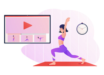 Online exercise class on a digital tablet with a young woman showing exercises. Sports video. Sit at home, stay fit and positive. Physical activity, healthy lifestyle vector illustration