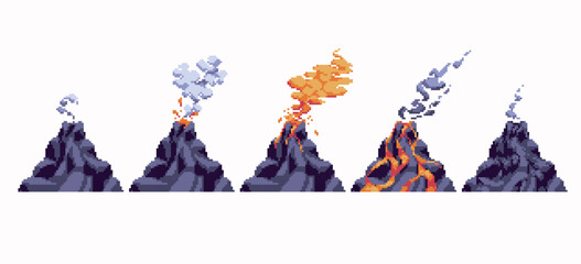 Volcanic eruption stages pixel art set. Flowing lava, swirling smoke, black mountain collection. 8 bit sprite. Game development, mobile app.  Isolated vector illustration. © SickleMoon