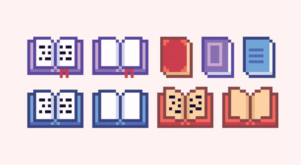 Open and closed book pixel art set. Textbook collection. Ancient folio. 8 bit sprite. Game development, mobile app.  Isolated vector illustration. - obrazy, fototapety, plakaty