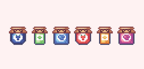 Jam assortment jars pixel art set.  Fruit jelly packaging collection. Sweet preserves 8 bit sprite. Game development, mobile app.  Isolated vector illustration.