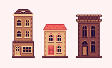 European old house pixel art set. Historic town architecture collection. 8 bit sprite. Game development, mobile app.  Isolated vector illustration.