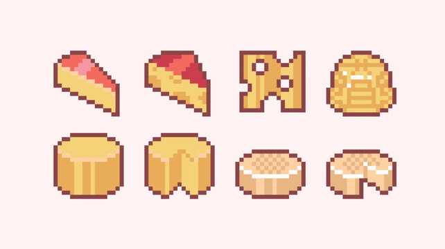 Cheese assortment pixel art set. Round shape and slices parmesan collection. 8 bit sprite. Game development, mobile app.  Isolated vector illustration.