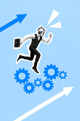 Vertical collage picture of running jumping guy black white gamma raccoon head drawing arrows...