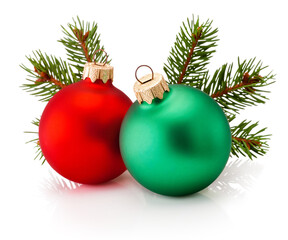 Obraz na płótnie Canvas Christmas bauble red and green and fir tree branch isolated on white background