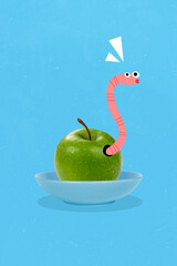 3d retro abstract creative artwork template collage of impressed funny worm eating green apple...