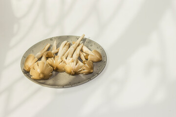 Termitomyces fuliginosus Heim, mushrooms in a plate on white background.