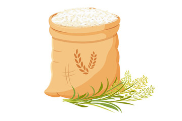 Bag of rice with bunch of ears. Vector illustration of grain harvest with plant stems.