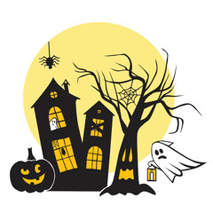 Halloween. Vector illustration with an abandoned house, a magic tree, ghosts and a pumpkin on the background of the moon